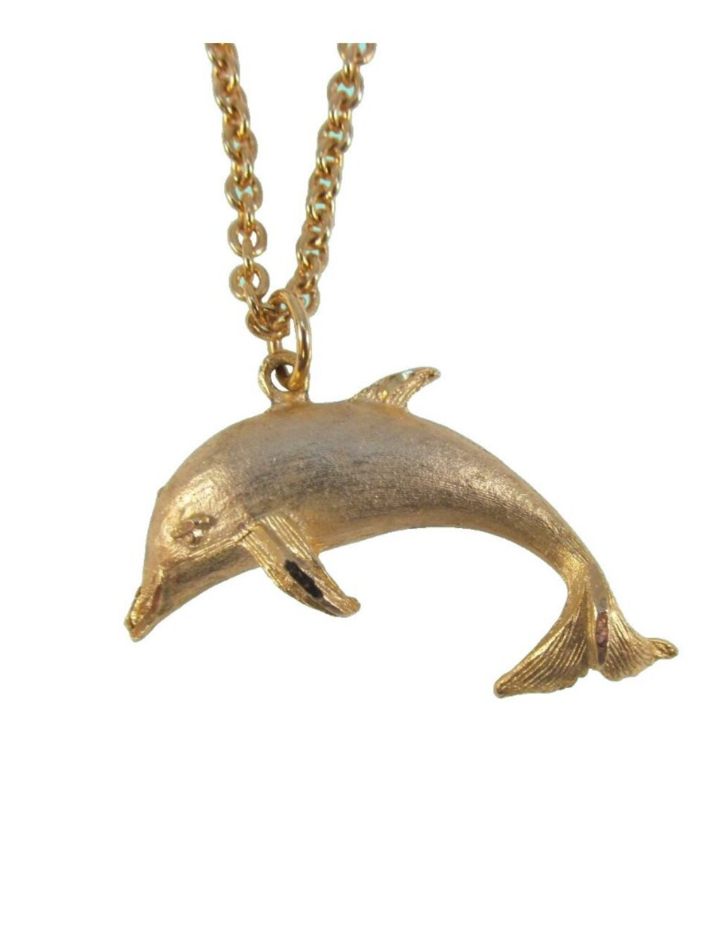 Vintage Polished Gold Tone Jumping Dolphin Pendant Necklace 21.5 inch Chain